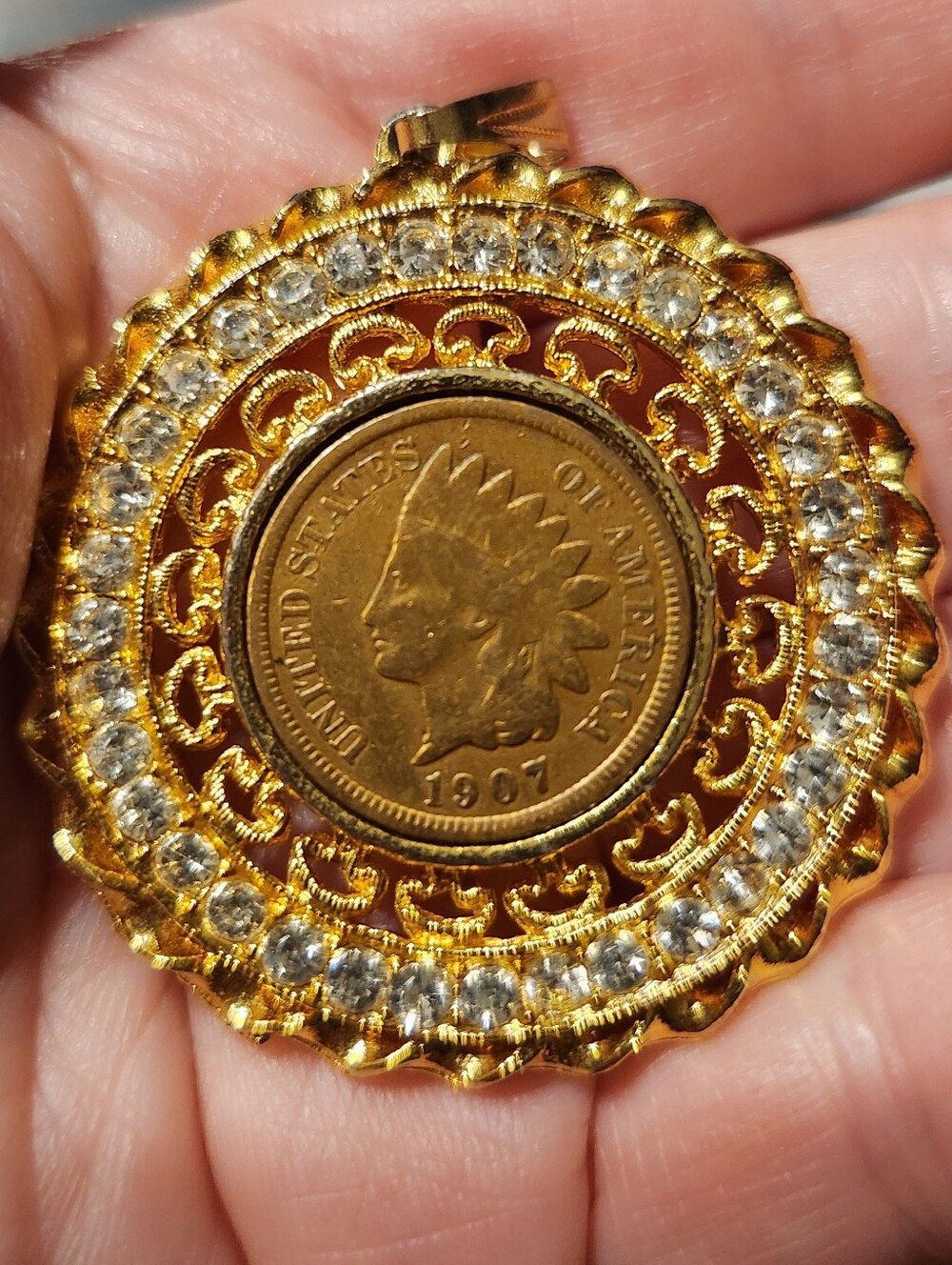 Indian Head Penny Gold-Tone Crystal Coin Pendant For Necklace